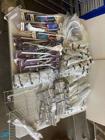 (200+) New Assorted Closet Maid Supplies (includes wire shelves, support brackets, corner round bar, shelving system, rod caps, shelf caps) See photos - Roller Auctions