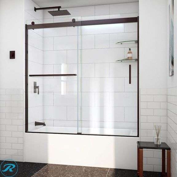(1) New- DreamLine Sapphire-V Oil Rubbed Bronze 56-in to 60-in W x 62-in H Semi-Frameless Bypass Sliding Bathtub Door
