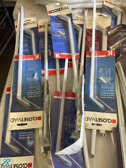 (200+) New Assorted Closet Maid Supplies (includes wire shelves, support brackets, corner round bar, shelving system, rod caps, shelf caps) See photos - Roller Auctions