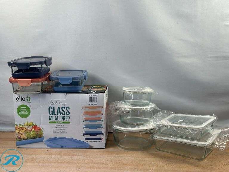 Pyrex: 10 Piece Glass Container w/ Silicone & Glass Top- Like New/ (1) Container has a chip; (8) ello: Leak-Proof Glass Meal Prep Containers- (5)New, (3) Used - Roller Auctions