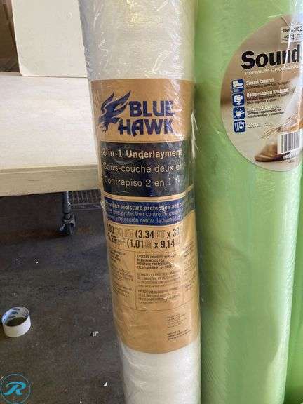 (7) New Assorted floor underlayment & rug pad (1) 100 sq ft quiet walk (1) 50 sq ft quiet walk (1) 100 sq ft protect source (2) 100 sq ft (e/ore) Sound step (1) 100 sq ft blue hawk (1) 6' x 9' rug pad - Roller Auctions