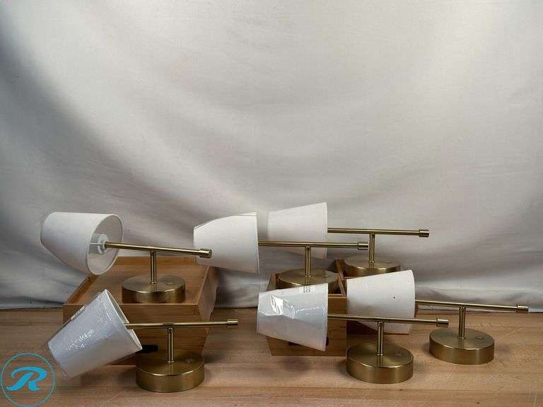 (6) Globe Electric Wireless Rechargeable LED Integrated Wall Sconce; Gold finish - Used/ Damaged Shades - Roller Auctions