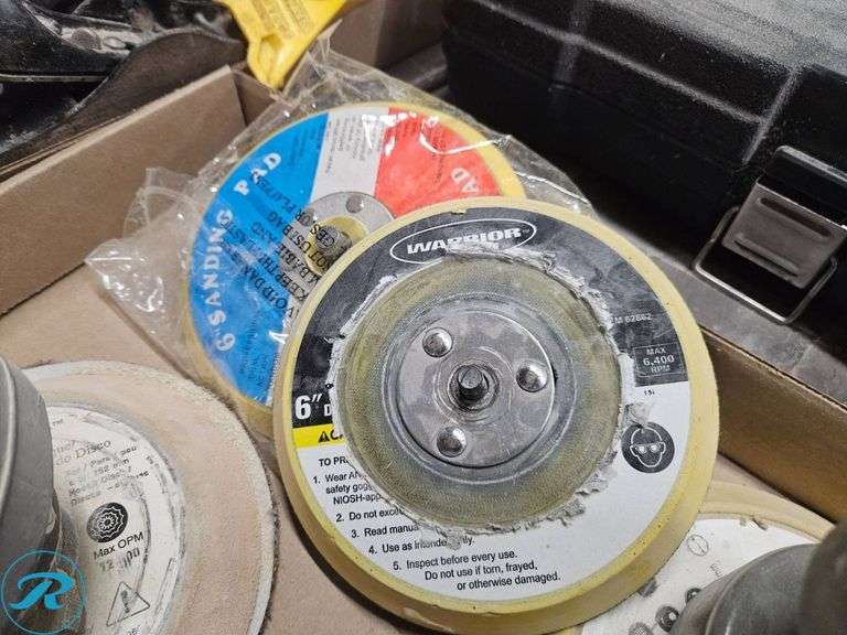 Tray of Pneumatic Orbital Sanders, Pads, and Accessories - Roller Auctions