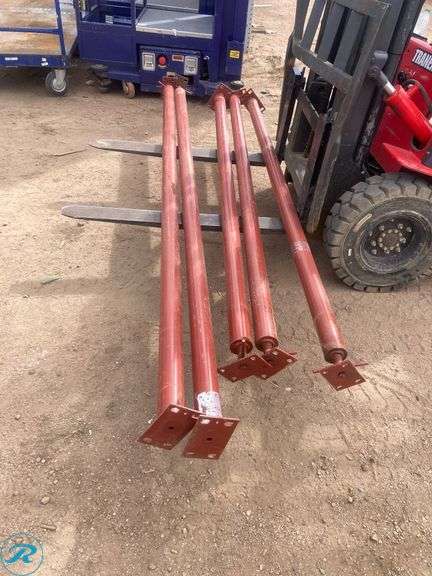 (5) New- (2) Akron adjustable steel jack post with swivel plate 96-100" 382 lbs capacity Red Finish (3) Akron Red Steel Adjustable Jack post with swivel plate 8' to 8' 4" 11200 lbs capacity - Roller Auctions