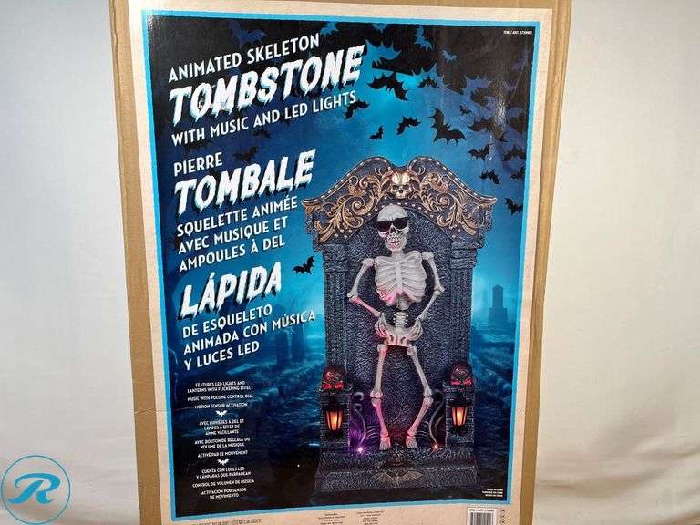 Animated Skeleton Tombstone 3ft W/ Music & LED Lights - New