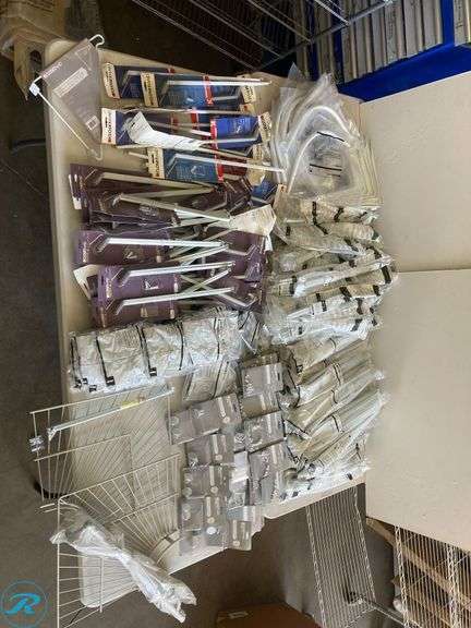 (200+) New Assorted Closet Maid Supplies (includes wire shelves, support brackets, corner round bar, shelving system, rod caps, shelf caps) See photos - Roller Auctions