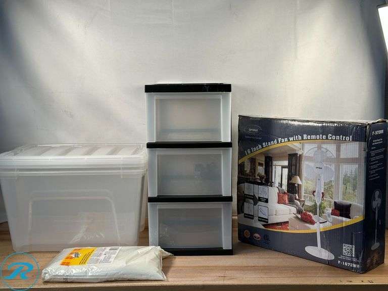 Scotchgard™ Protect And Shine Floor Protector, 1 Gallon, Bag- New; Office Depot® Brand Plastic 3-Drawer Storage Cart, Black- New; (2) IRIS® Plastic Storage Container With Handles/Latch Lid, 22" x 16 1/2" x 13", Clear- New; Optimus 16" Adjustable Oscillating Stand Fan With Remote Control, White