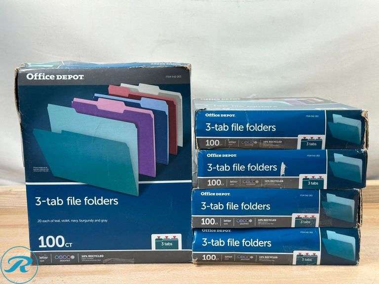 (5) Office Depot® Brand 2-Tone File Folders, 1/3 Cut, Letter Size, Assorted Jewel Tone Colors, Box Of 100- New - Roller Auctions