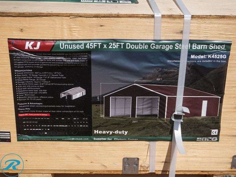 New KJ K4525G Double Garage Steel Barn Shed, 45' x 25' x 14' - Roller Auctions