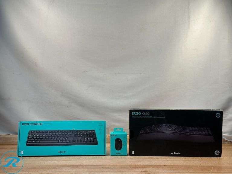 Logitech K120 Wired Keyboard for Windows- New; Logitech® M325s Wireless Mouse, Black- New; Logitech ERGO K860 Wireless Ergonomic Keyboard- New - Roller Auctions