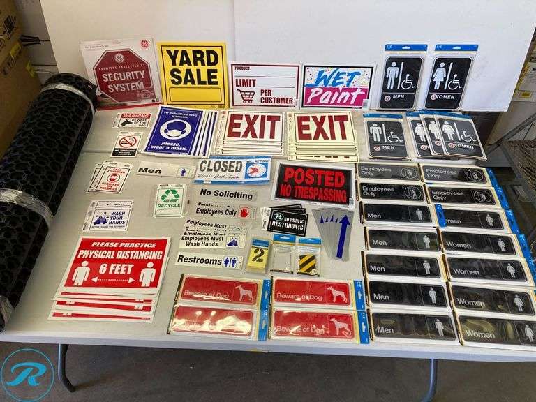 (95) New Assorted signage (exit, restroom safety no trespassing, yard ...