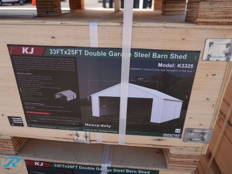 New KJ K3325 Double Garage Metal Shed, 33' x 25' - Roller Auctions