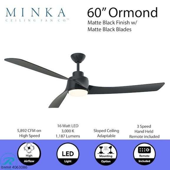 (1) New- Minka Ceiling Fan Co. Ormond 60-in Integrated LED Matte Black with Black Blades Ceiling Fan With Light - Remote Included ( 3 -Blade ) - Roller Auctions