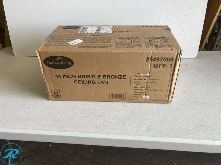 (1) New- Harbor Breeze Bristle 44-in Integrated LED Flush Mount Bronze with Oak Brown Blades Ceiling Fan With Light 5 -Blade ) - Roller Auctions