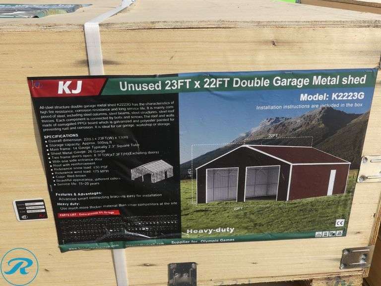 New KJ K2223G Double Garage Metal Shed, 23' x 22' x 13' High - Roller Auctions