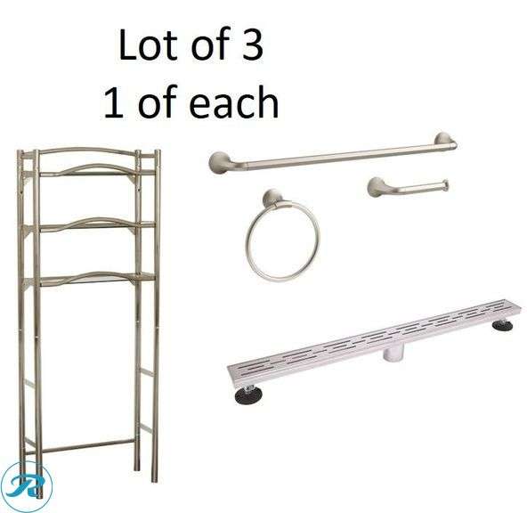(3) New- (1) allen + roth 25-in x 63.5-in x 9.5-in Brushed Nickel 3-Shelf Over-the-Toilet Storage (1) KOHLER 3 -Piece Desette Vibrant Brushed Nickel Decorative Bathroom Hardware Set Towel Bar, Toilet Paper Holder, Towel Ring Included (1) B&K 3.5-in X 36-in Silver Stainless Steel Linear Shower Drain