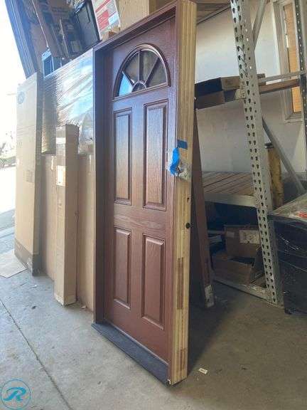 (1) Masonite 34" x 77" x 4 9/16" Fiberglass 1/4" lite left hand Inswing Foxtail painted pre hung front door with brickmold insulating code - Roller Auctions