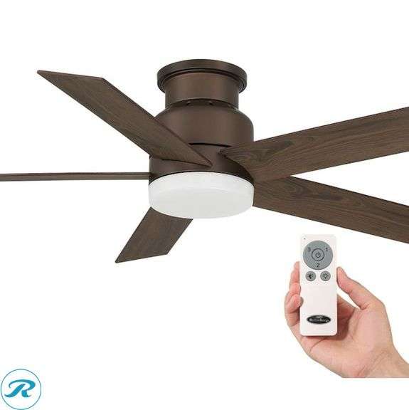 (1) New- Harbor Breeze Bristle 44-in Integrated LED Flush Mount Bronze with Oak Brown Blades Ceiling Fan With Light 5 -Blade ) - Roller Auctions