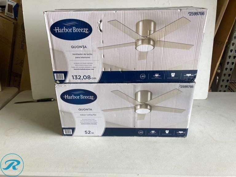 (2) New-Harbor Breeze Quonta 52-in Integrated LED Flush Mount Brushed Nickel with Matte Black/Brushed Nickel Blades Ceiling Fan With Light ( 5 -Blade ) - Roller Auctions