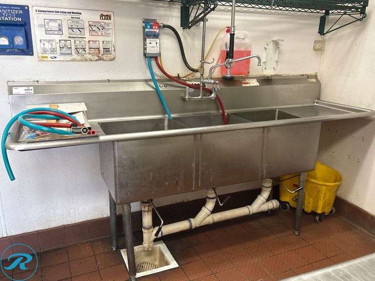 3-Compartment Sink With Drain Boards and Pre-Rinse Unit and Ecolab Detergent Dispensers, 25in W x 90in L