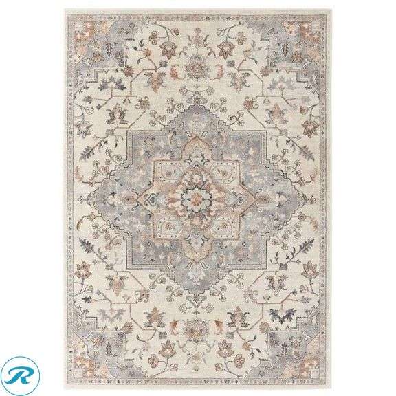 (1) New- allen + roth Tess 5 x 7 (ft) Loomed Cream Rectangular Indoor/Outdoor Medallion Pet Friendly Area rug - Roller Auctions