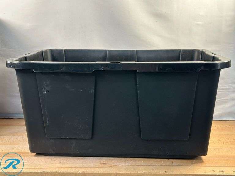 (3) Small Trash Cans- Used/ Small Damage; (1) 27 Gallon Storage Container- Used/ Small Crack/ No Lid - Roller Auctions