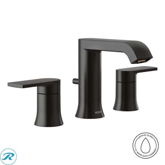 (1) New- Moen Genta LX Matte Black Widespread 2-handle WaterSense Mid-arc Residential Handle Bathroom Sink Faucet with Drain