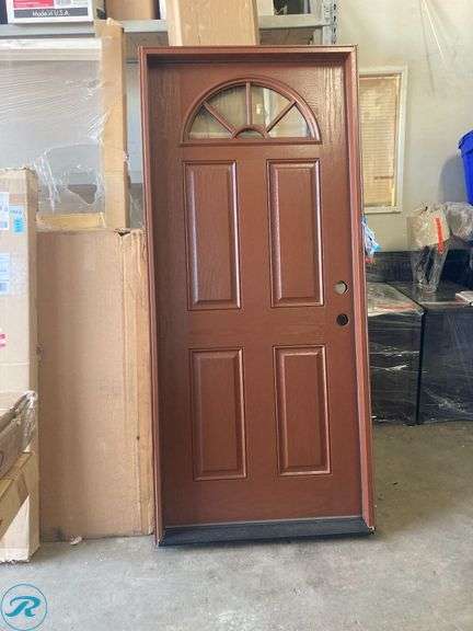 (1) Masonite 34" x 77" x 4 9/16" Fiberglass 1/4" lite left hand Inswing Foxtail painted pre hung front door with brickmold insulating code - Roller Auctions