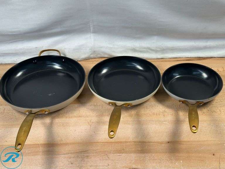 Linkfair: Stainless Steel BBQ Baskets, 2-pack- New; The Original Green Pan: 3pc Fry Pan Set- Like New; Tramontina: 3pc Fry Pan Set- Used - Roller Auctions