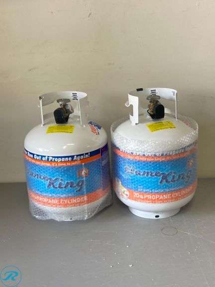 (2) New- Flame King 20lb empty LP cylinder OPD valve built in gauge steel empty propane tank - Roller Auctions