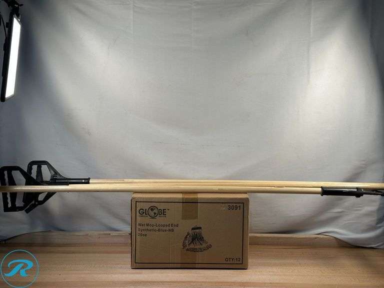 Globe Commercial Products: Synthetic Wet Mop- Looped End Refill, 12ct, Blue- New; (3) Natural Wood Mop Handle, Black Tip- New - Roller Auctions