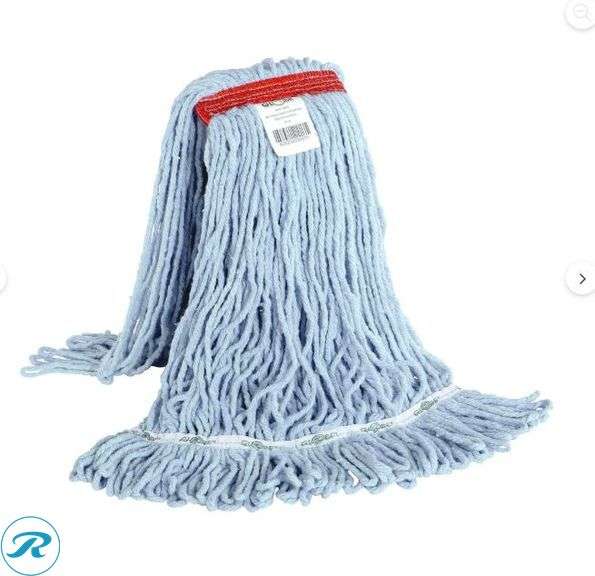Globe Commercial Products: Synthetic Wet Mop- Looped End Refill, 12ct, Blue- New; (3) Natural Wood Mop Handle, Black Tip- New