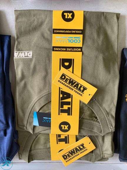 (14) New- (12) DeWalt Men's knit short sleeve graphic t shirts (XL) (blue, Green, black and grey) (2) DPG94 Dominator 8482 safety glass black yellow - Roller Auctions