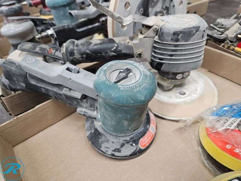 Tray of Pneumatic Orbital Sanders, Pads, and Accessories - Roller Auctions