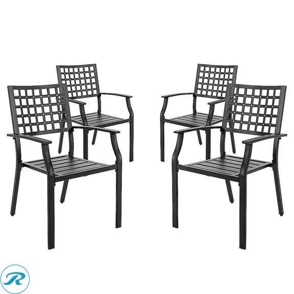 (4) New- Nuu Garden Patio Chairs Stackable Black Iron Frame Stationary Dining Chair with Solid Seat (total of 4 chairs) - Roller Auctions