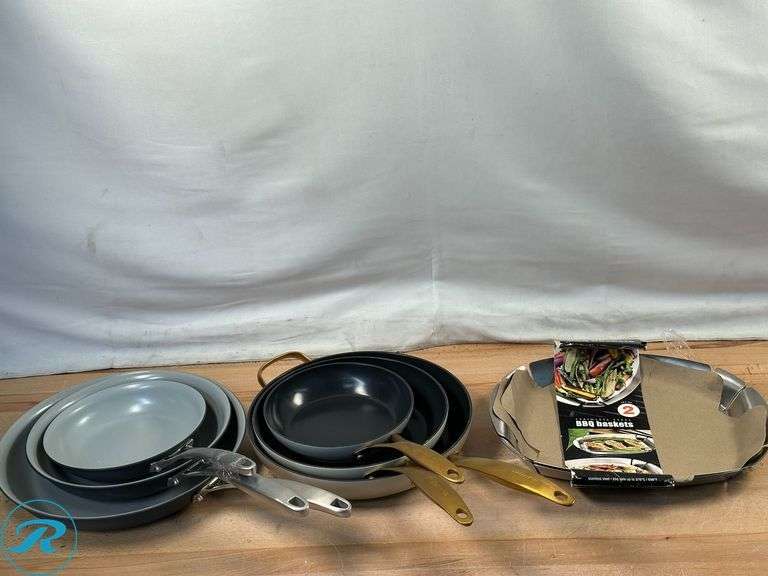 Linkfair: Stainless Steel BBQ Baskets, 2-pack- New; The Original Green Pan: 3pc Fry Pan Set- Like New; Tramontina: 3pc Fry Pan Set- Used - Roller Auctions