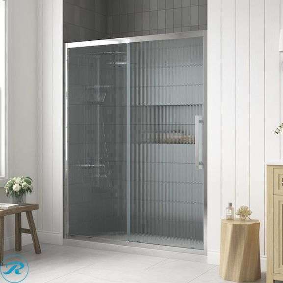 (1) New- OVE Decors Venice Chrome 55-in to 60-in W x 73.23-in H Framed Fluted Glass Sliding Shower door