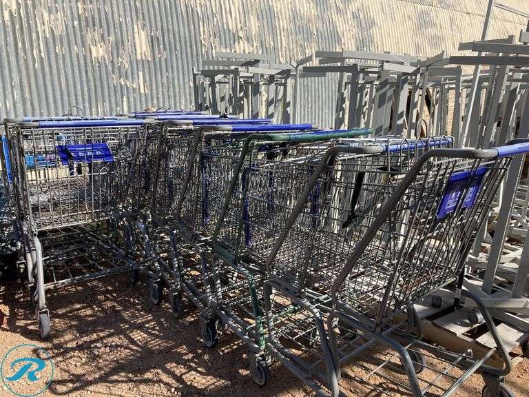 (148) Clothing Racks and supply (shopping carts, smart sign plastic and hooks) - Roller Auctions