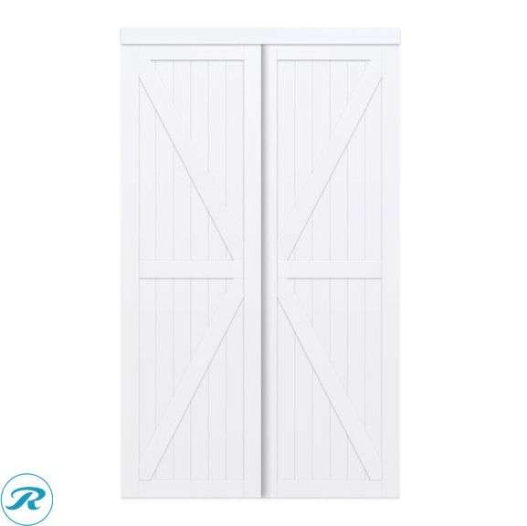 (1) New- RELIABILT Trident 48-in x 80-in White K-frame Prefinished MDF Closet Sliding Door ( Hardware Included ) (some stains in one of the doors see photos) - Roller Auctions