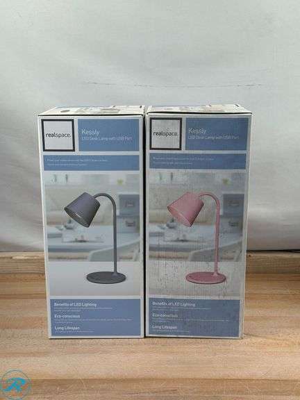 (2) Realspace™ Kessly LED Desk Lamp With USB Port, 17"H, Gray; Realspace™ Kessly LED Desk Lamp With USB Port, 17"H, Pink