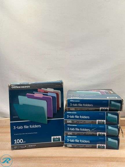 (5) Office Depot® Brand 2-Tone File Folders, 1/3 Cut, Letter Size, Assorted Jewel Tone Colors, Box Of 100- New - Roller Auctions