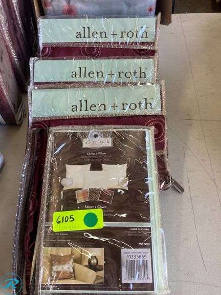 (13) New- Assorted Home Supply Includes (7) curtain panels 54" x 84" Wine Color (4) Pillow Cover 18" x 18 Wine Color (2) Shower Curtains 70" x 72" Gray with Coral flowers - Roller Auctions