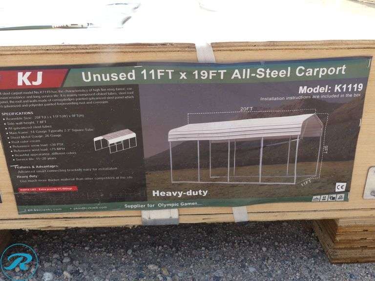 New KJ K1119 Steel Carport, 11' x 19' x 9' High - Roller Auctions