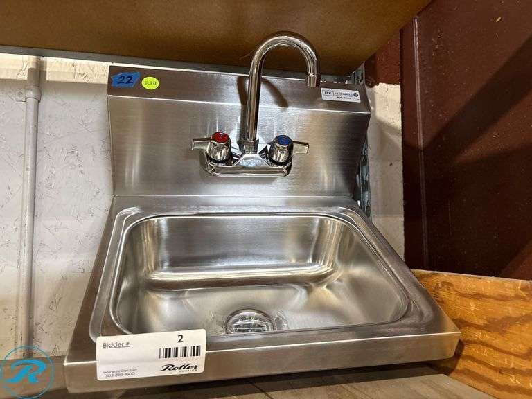 New BK Resources BKHS-W-1410 SStainless Steel Wall Mount Hand Sink, Faucet, Wall Bracket and Drain Basket. 14in x 10in Basin