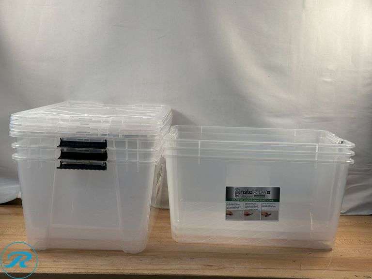 (1) Iris: 44 Qt Storage Container- New/ Cracked; Iris: 12.9 qt Storage Container, 4pk- New/ Missing Handles; (6) Instaview: 45qt Storage Containers- New/ (3) Missing Lids and Damaged Handles - Roller Auctions