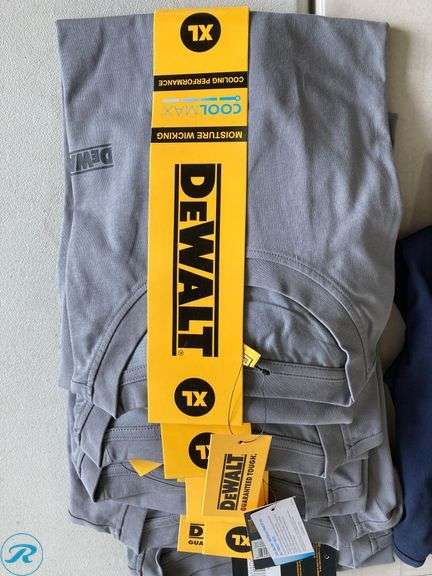 (14) New- (12) DeWalt Men's knit short sleeve graphic t shirts (XL) (blue, Green, black and grey) (2) DPG94 Dominator 8482 safety glass black yellow - Roller Auctions