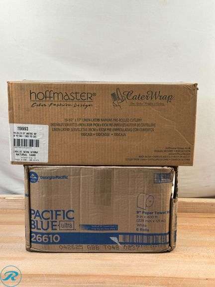 CaterWrap Pre-Rolled Cutlery: Linen-Like Napkin, Natural/White, Case Of 100 Rolls- New; Pacific Blue Ultra® by GP PRO: 1-Ply, 9" x 400', White, 6 Rolls - New