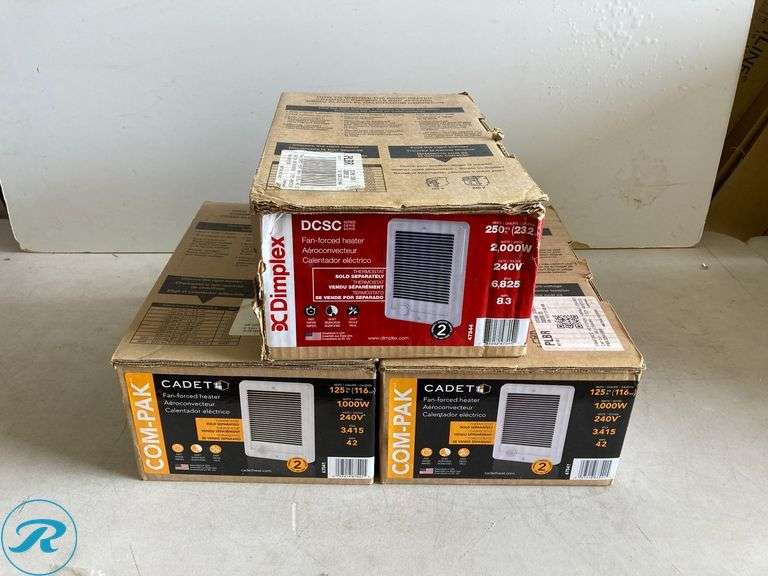 (3) New- (2) Cadet Com-Pak Up to 2000-Watt 208/240 -Volt Heater fan Heater ( 4-in L x 12-in H Grille ) (1)Dimplex DCSC Up to 2000-Watt 240 -Volt Forced air Heater ( 4-in L x 12-in H Grille ) - Roller Auctions
