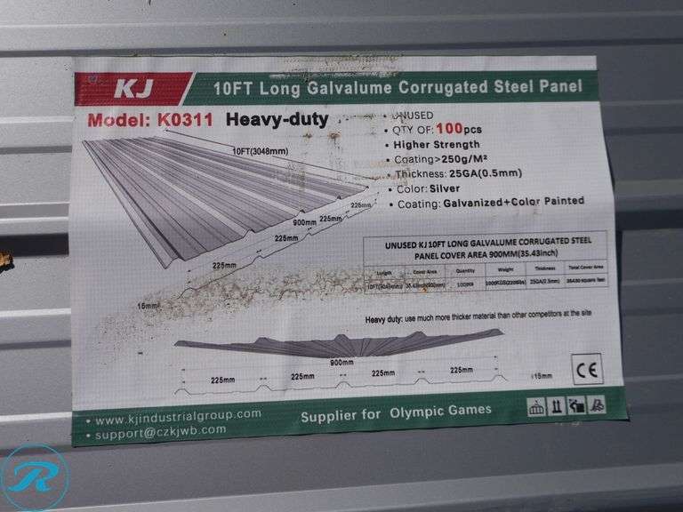 (100) New Sheets of KJ K0311 Galvalume Corrugated Steel Panels, 10' x 35" (Top Few Panels Damaged) - Roller Auctions