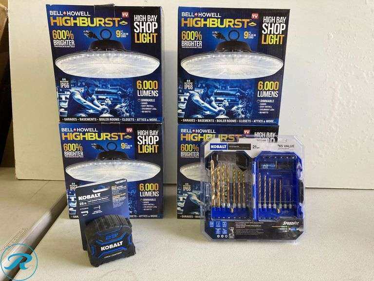 (6) New-Assorted Tools and lightening (high bay led shop light drill bit set, tape measure) - Roller Auctions